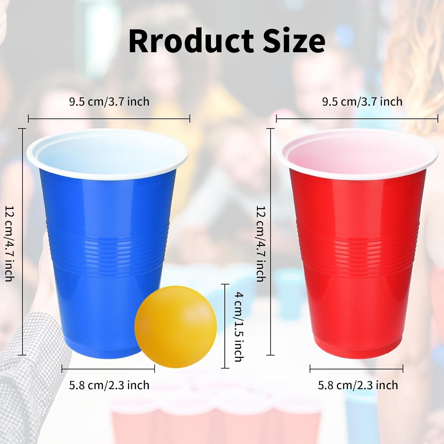 Table Tennis Kit - ピンポンボール付きプラスチック製パーティーカップ、卒業パーティーやバーゲーム用のビールポンゲームセット、会社のパーティー、6個、16オンス、60個