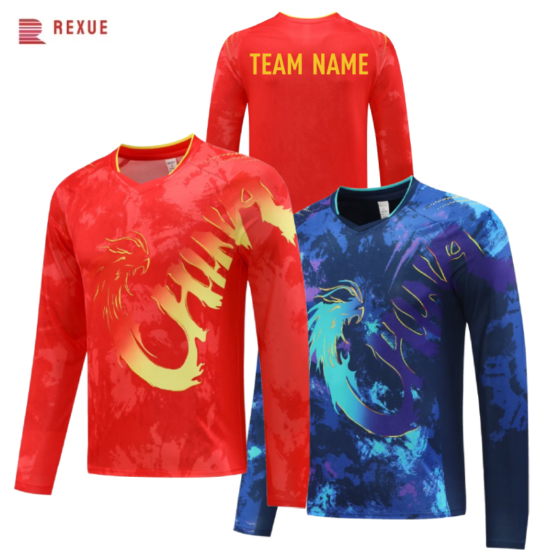 Table Tennis Usa Team - 中国ドラゴン長袖卓球シャツ 2024 赤青中国チームバドミントンジャージ男性女性のためのチーム名ロゴを印刷することができます